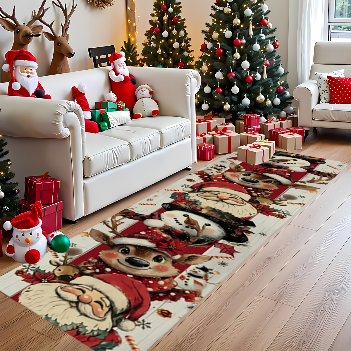 Home Bathroom Rugs - Extra-Long Red & Golden Christmas Runner